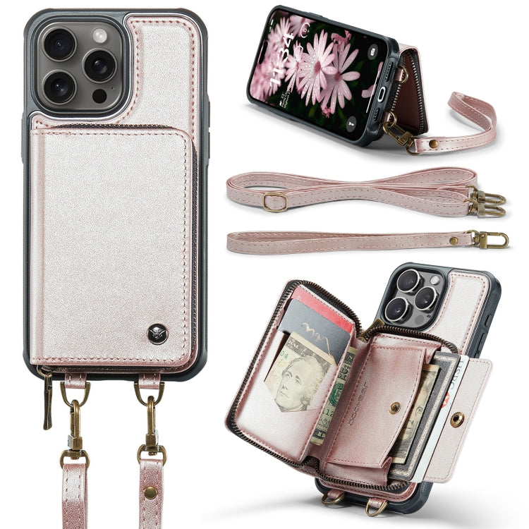 For iPhone 16 Pro JEEHOOD C22 Series Zipper Wallet Leather Phone Case with Dual Lanyard(Rose Gold)