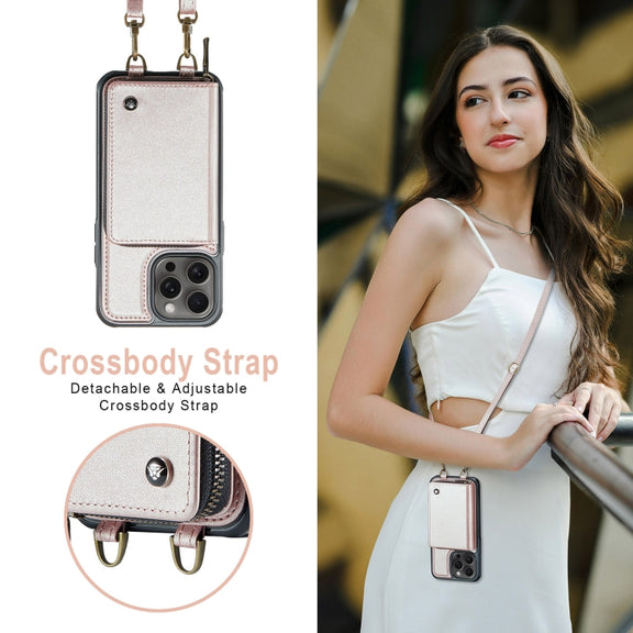 For iPhone 16 Pro JEEHOOD C22 Series Zipper Wallet Leather Phone Case with Dual Lanyard(Rose Gold)