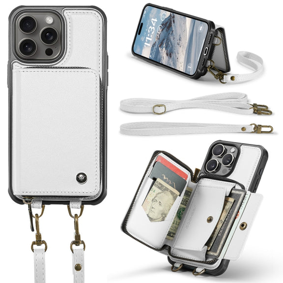 For iPhone 16 Pro JEEHOOD C22 Series Zipper Wallet Leather Phone Case with Dual Lanyard(White)
