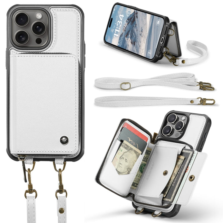 For iPhone 16 Pro JEEHOOD C22 Series Zipper Wallet Leather Phone Case with Dual Lanyard(White)