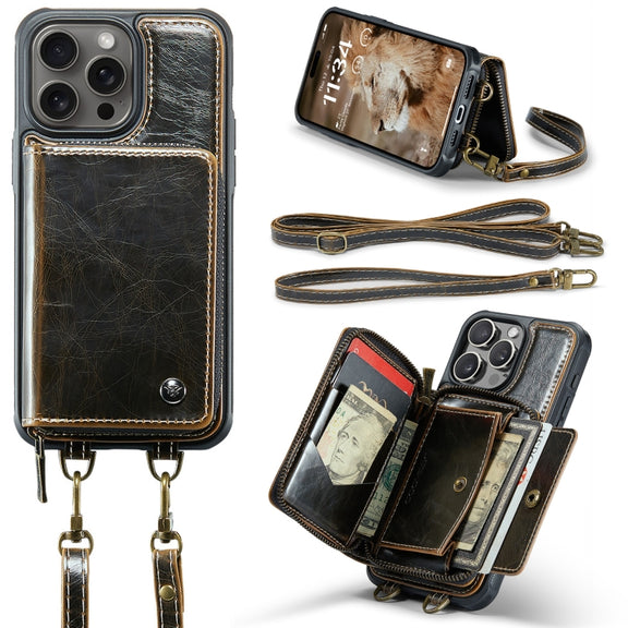 For iPhone 16 Pro JEEHOOD C22 Series Zipper Wallet Leather Phone Case with Dual Lanyard(Coffee)