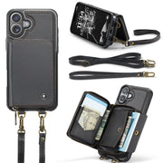 For iPhone 16 Plus JEEHOOD C22 Series Zipper Wallet Leather Phone Case with Dual Lanyard(Black)