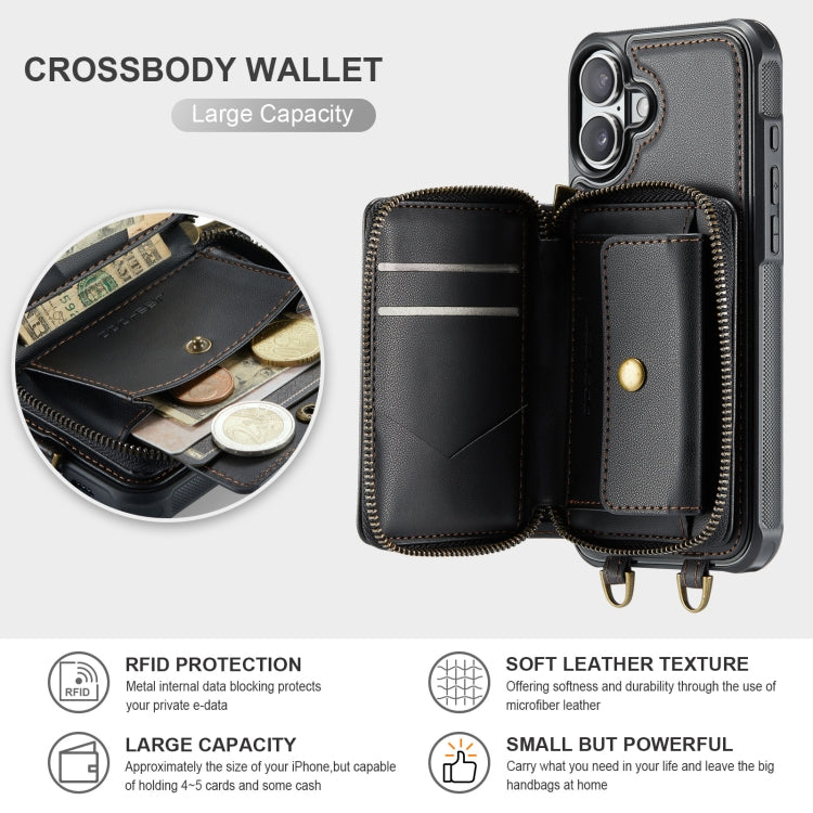 For iPhone 16 Plus JEEHOOD C22 Series Zipper Wallet Leather Phone Case with Dual Lanyard(Black)