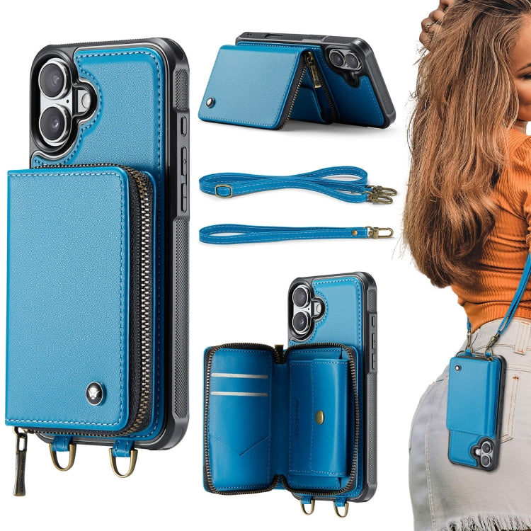 For iPhone 16 Plus JEEHOOD C22 Series Zipper Wallet Leather Phone Case with Dual Lanyard(Blue)