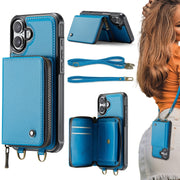 For iPhone 16 Plus JEEHOOD C22 Series Zipper Wallet Leather Phone Case with Dual Lanyard(Blue)