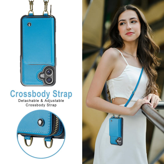 For iPhone 16 Plus JEEHOOD C22 Series Zipper Wallet Leather Phone Case with Dual Lanyard(Blue)