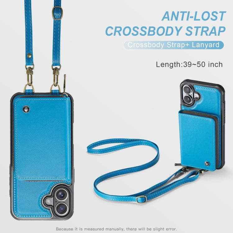 For iPhone 16 Plus JEEHOOD C22 Series Zipper Wallet Leather Phone Case with Dual Lanyard(Blue)