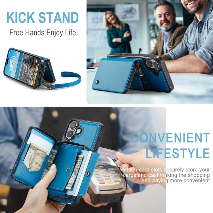 For iPhone 16 Plus JEEHOOD C22 Series Zipper Wallet Leather Phone Case with Dual Lanyard(Blue)