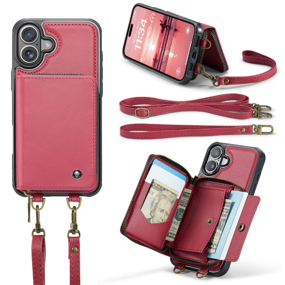 For iPhone 16 Plus JEEHOOD C22 Series Zipper Wallet Leather Phone Case with Dual Lanyard(Red)