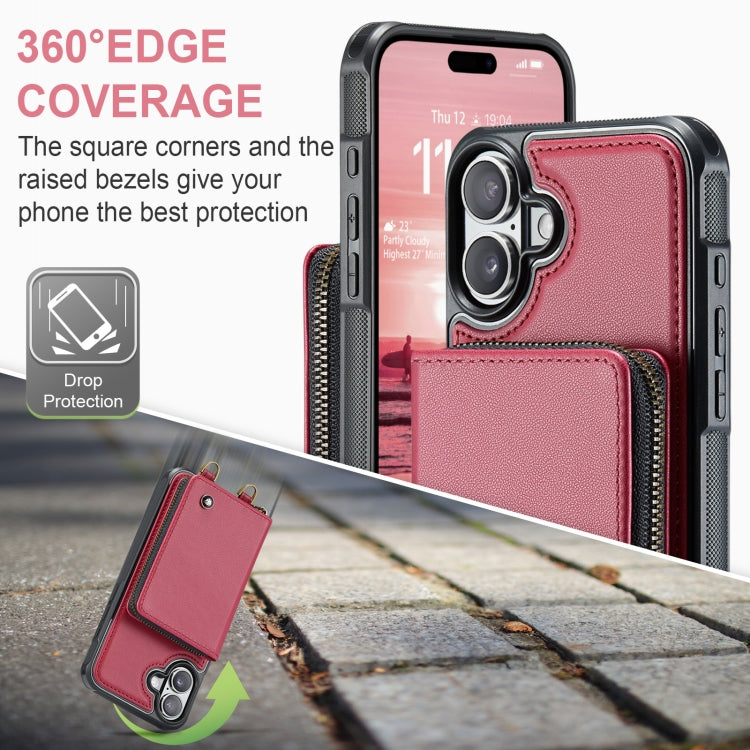 For iPhone 16 Plus JEEHOOD C22 Series Zipper Wallet Leather Phone Case with Dual Lanyard(Red)