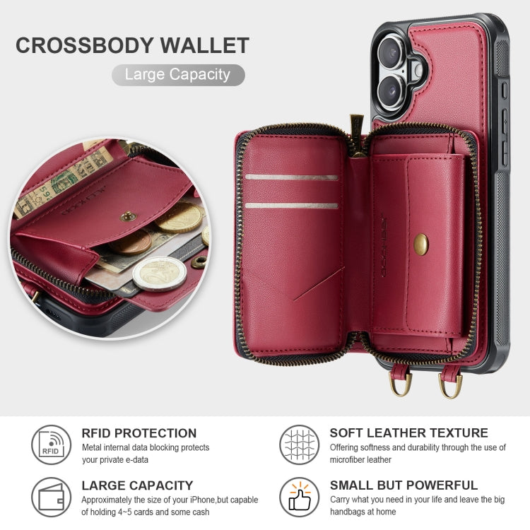For iPhone 16 Plus JEEHOOD C22 Series Zipper Wallet Leather Phone Case with Dual Lanyard(Red)