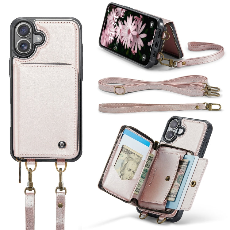 For iPhone 16 Plus JEEHOOD C22 Series Zipper Wallet Leather Phone Case with Dual Lanyard(Rose Gold)