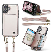For iPhone 16 Plus JEEHOOD C22 Series Zipper Wallet Leather Phone Case with Dual Lanyard(Rose Gold)