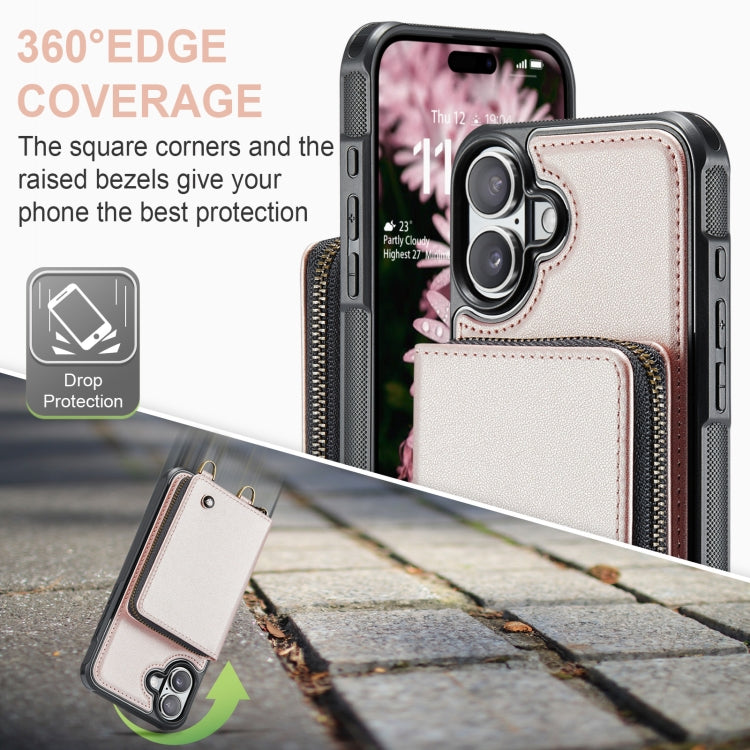 For iPhone 16 Plus JEEHOOD C22 Series Zipper Wallet Leather Phone Case with Dual Lanyard(Rose Gold)