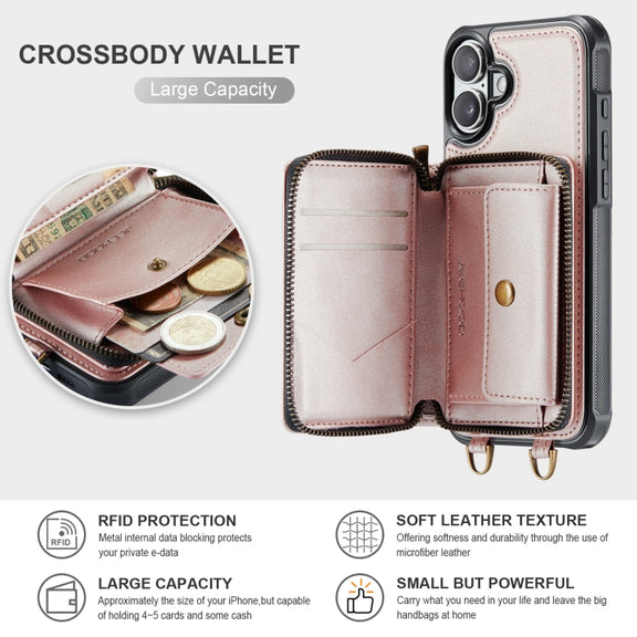 For iPhone 16 Plus JEEHOOD C22 Series Zipper Wallet Leather Phone Case with Dual Lanyard(Rose Gold)