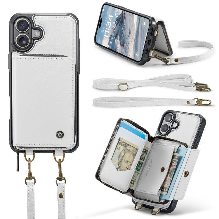 For iPhone 16 Plus JEEHOOD C22 Series Zipper Wallet Leather Phone Case with Dual Lanyard(White)