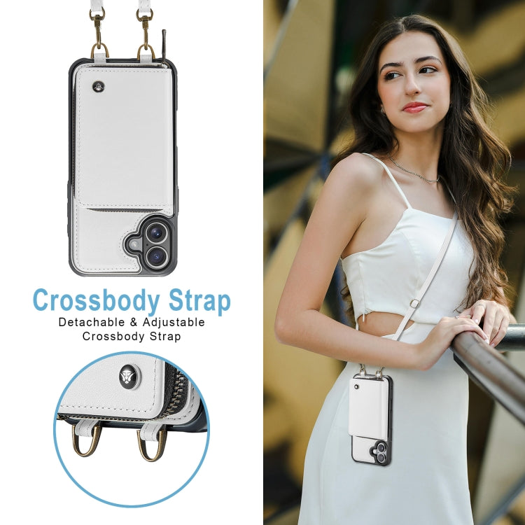 For iPhone 16 Plus JEEHOOD C22 Series Zipper Wallet Leather Phone Case with Dual Lanyard(White)