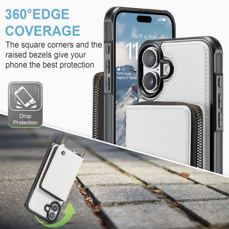 For iPhone 16 Plus JEEHOOD C22 Series Zipper Wallet Leather Phone Case with Dual Lanyard(White)