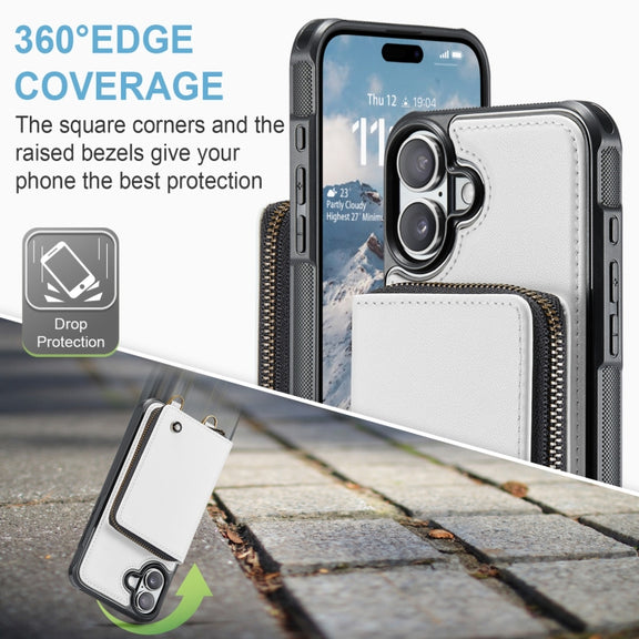 For iPhone 16 Plus JEEHOOD C22 Series Zipper Wallet Leather Phone Case with Dual Lanyard(White)
