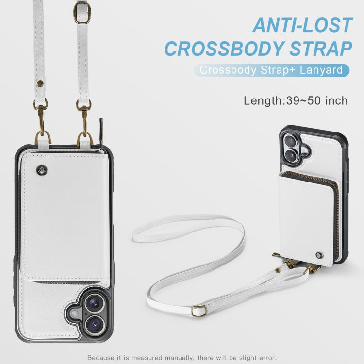 For iPhone 16 Plus JEEHOOD C22 Series Zipper Wallet Leather Phone Case with Dual Lanyard(White)