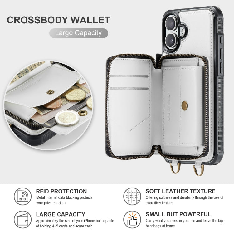 For iPhone 16 Plus JEEHOOD C22 Series Zipper Wallet Leather Phone Case with Dual Lanyard(White)