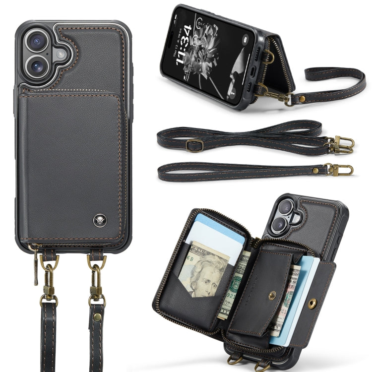 For iPhone 16 Plus JEEHOOD C22 Series Zipper Wallet Leather Phone Case with Dual Lanyard(Coffee)