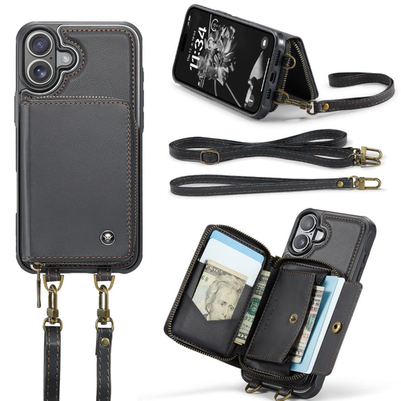 For iPhone 16 Plus JEEHOOD C22 Series Zipper Wallet Leather Phone Case with Dual Lanyard(Coffee)