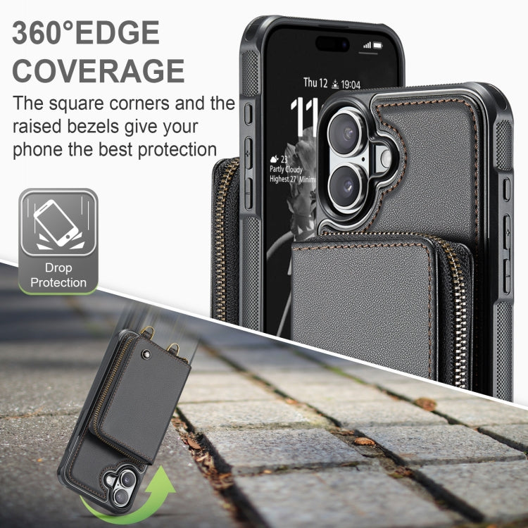 For iPhone 16 Plus JEEHOOD C22 Series Zipper Wallet Leather Phone Case with Dual Lanyard(Coffee)