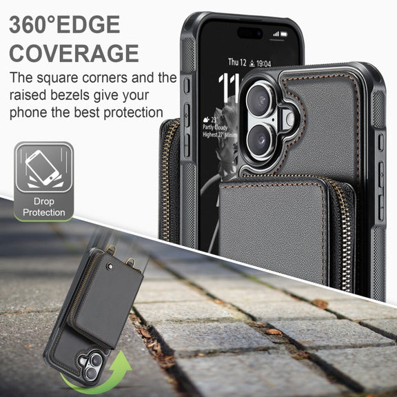 For iPhone 16 Plus JEEHOOD C22 Series Zipper Wallet Leather Phone Case with Dual Lanyard(Coffee)