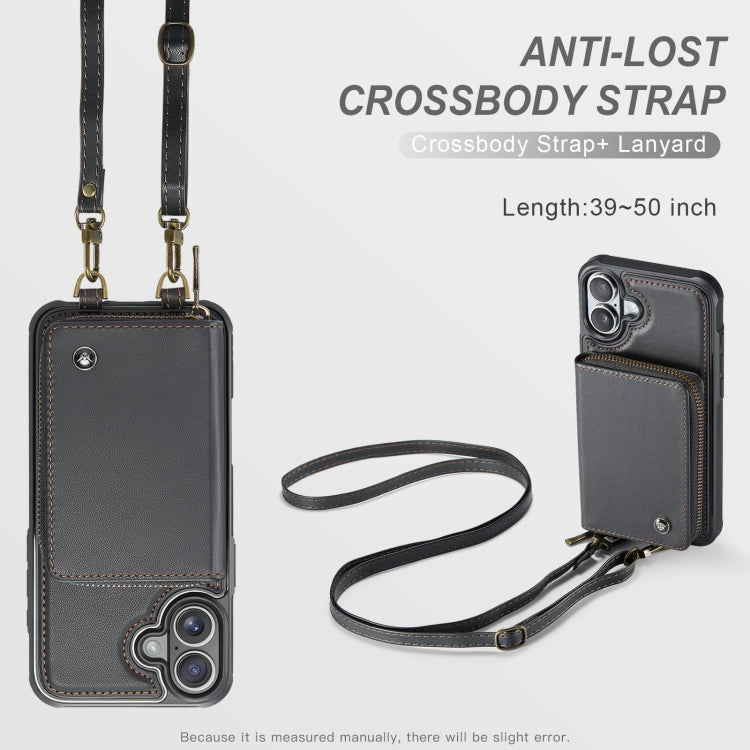For iPhone 16 Plus JEEHOOD C22 Series Zipper Wallet Leather Phone Case with Dual Lanyard(Coffee)