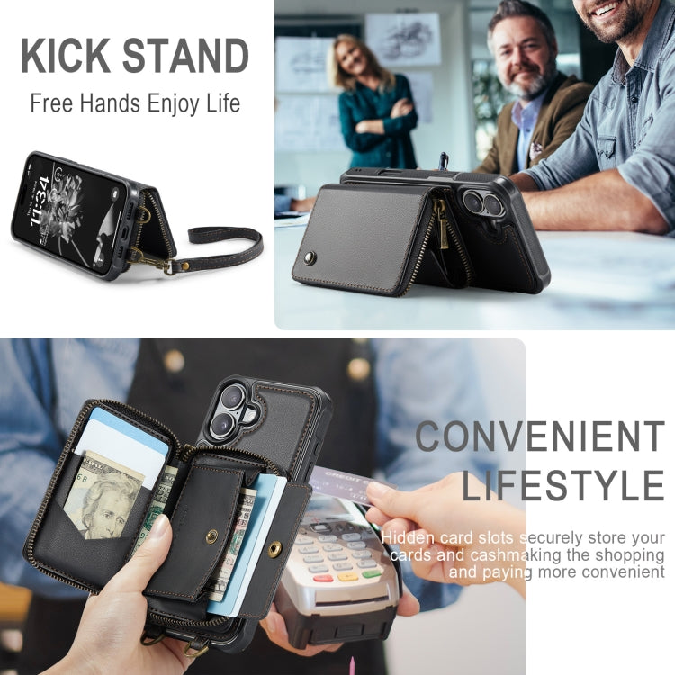 For iPhone 16 Plus JEEHOOD C22 Series Zipper Wallet Leather Phone Case with Dual Lanyard(Coffee)