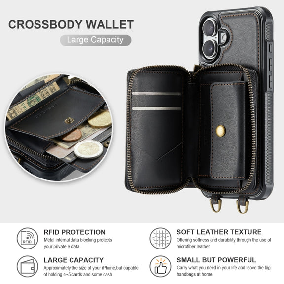 For iPhone 16 JEEHOOD C22 Series Zipper Wallet Leather Phone Case with Dual Lanyard(Black)