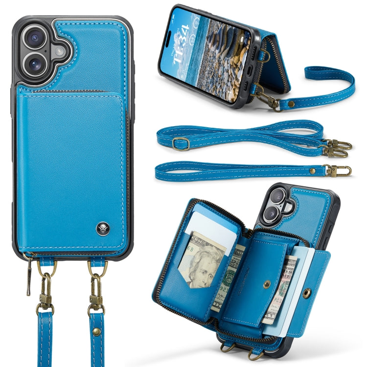 For iPhone 16 JEEHOOD C22 Series Zipper Wallet Leather Phone Case with Dual Lanyard(Blue)