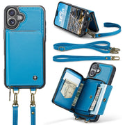 For iPhone 16 JEEHOOD C22 Series Zipper Wallet Leather Phone Case with Dual Lanyard(Blue)