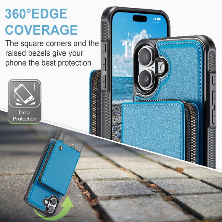 For iPhone 16 JEEHOOD C22 Series Zipper Wallet Leather Phone Case with Dual Lanyard(Blue)
