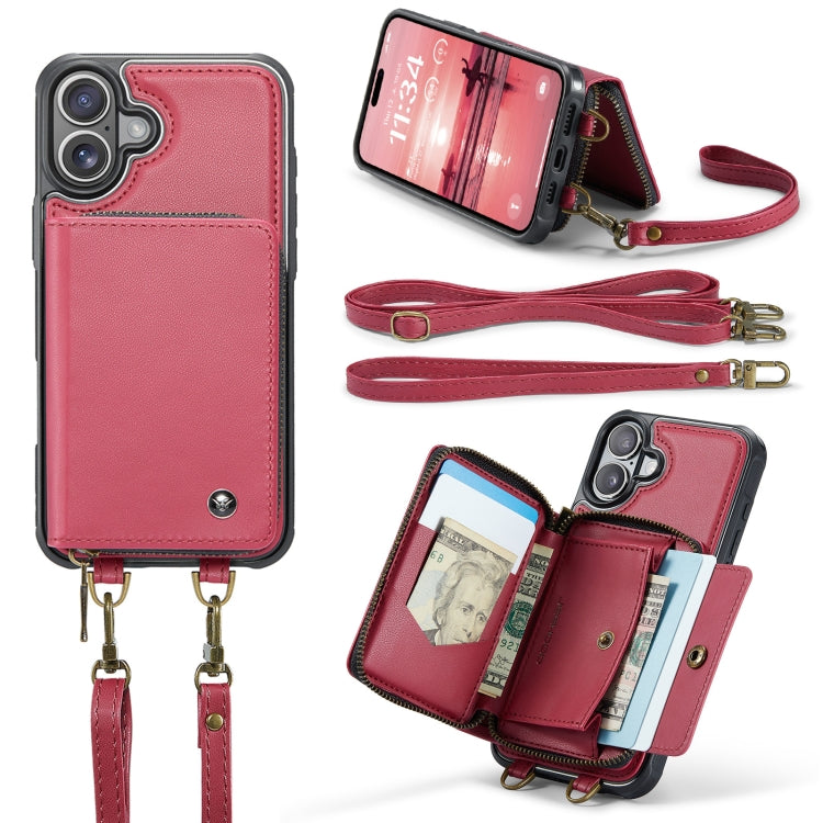 For iPhone 16 JEEHOOD C22 Series Zipper Wallet Leather Phone Case with Dual Lanyard(Red)