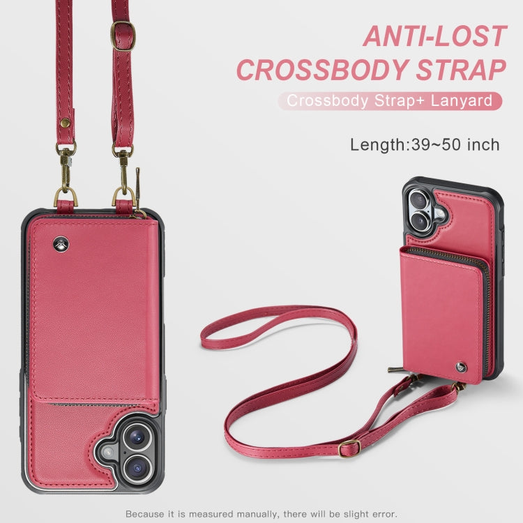 For iPhone 16 JEEHOOD C22 Series Zipper Wallet Leather Phone Case with Dual Lanyard(Red)