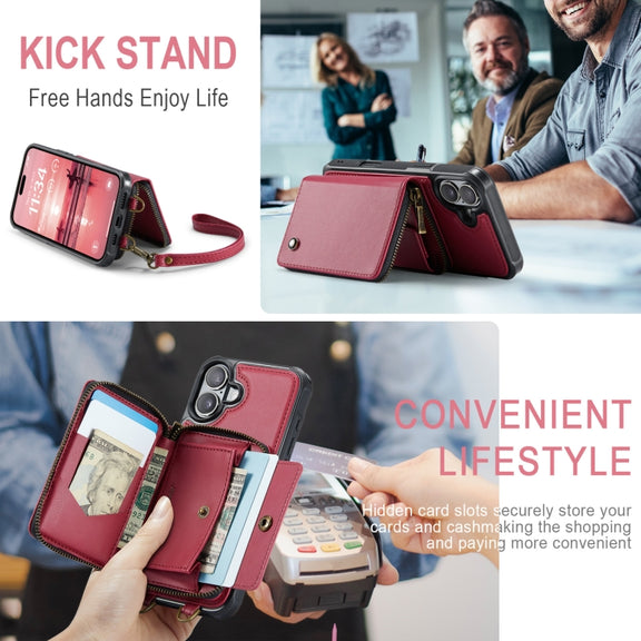For iPhone 16 JEEHOOD C22 Series Zipper Wallet Leather Phone Case with Dual Lanyard(Red)