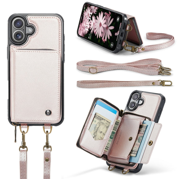 For iPhone 16 JEEHOOD C22 Series Zipper Wallet Leather Phone Case with Dual Lanyard(Rose Gold)