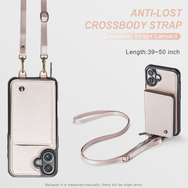 For iPhone 16 JEEHOOD C22 Series Zipper Wallet Leather Phone Case with Dual Lanyard(Rose Gold)