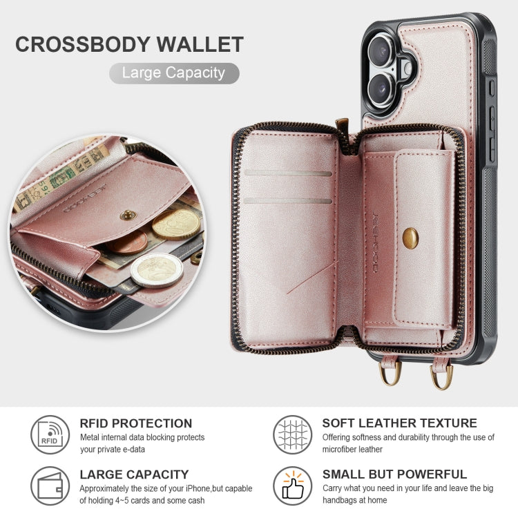 For iPhone 16 JEEHOOD C22 Series Zipper Wallet Leather Phone Case with Dual Lanyard(Rose Gold)