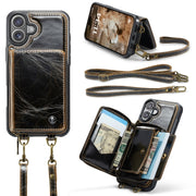 For iPhone 16 JEEHOOD C22 Series Zipper Wallet Leather Phone Case with Dual Lanyard(Coffee)