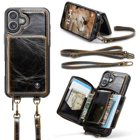 For iPhone 16 JEEHOOD C22 Series Zipper Wallet Leather Phone Case with Dual Lanyard(Coffee)