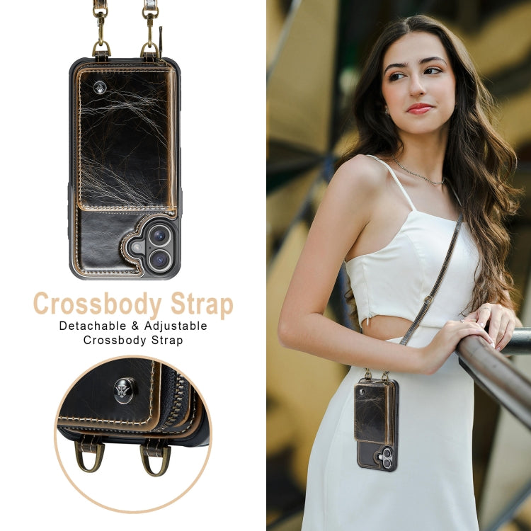 For iPhone 16 JEEHOOD C22 Series Zipper Wallet Leather Phone Case with Dual Lanyard(Coffee)