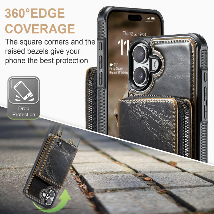 For iPhone 16 JEEHOOD C22 Series Zipper Wallet Leather Phone Case with Dual Lanyard(Coffee)
