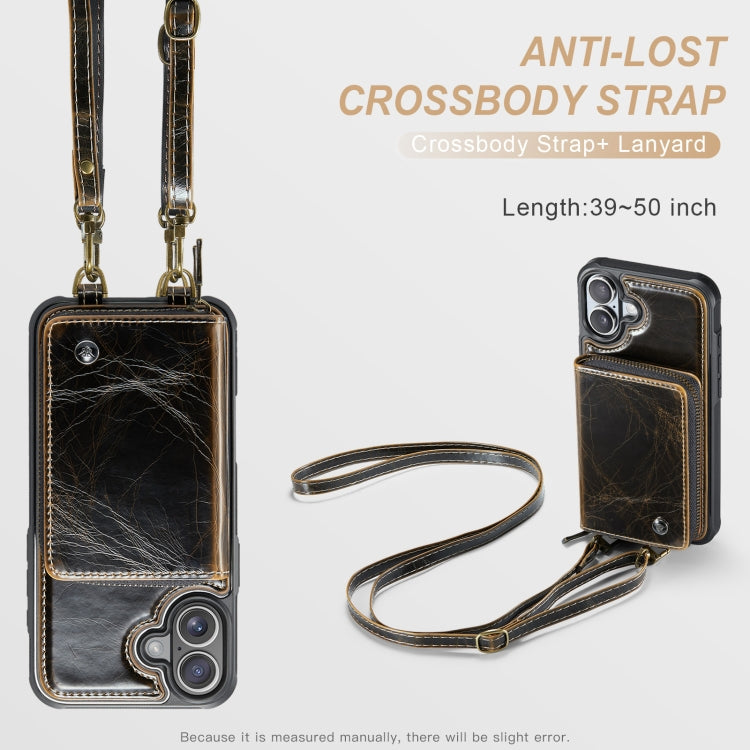 For iPhone 16 JEEHOOD C22 Series Zipper Wallet Leather Phone Case with Dual Lanyard(Coffee)