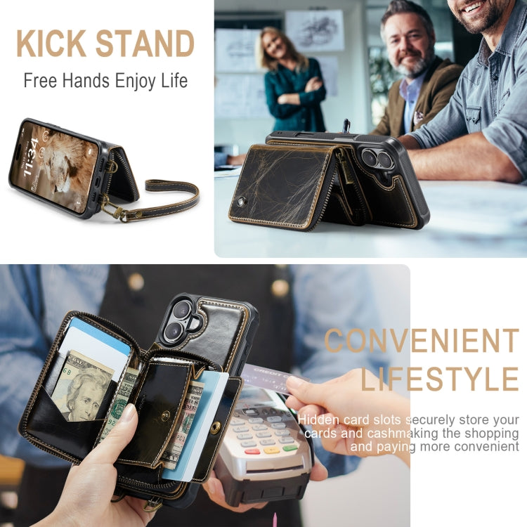 For iPhone 16 JEEHOOD C22 Series Zipper Wallet Leather Phone Case with Dual Lanyard(Coffee)