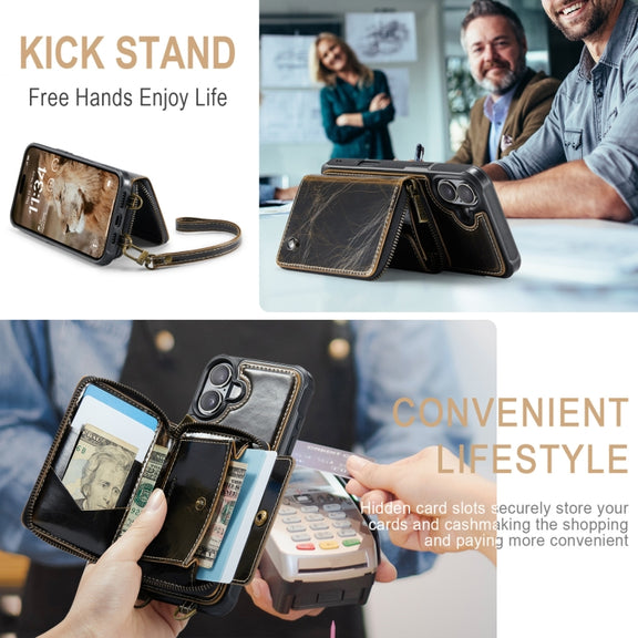 For iPhone 16 JEEHOOD C22 Series Zipper Wallet Leather Phone Case with Dual Lanyard(Coffee)