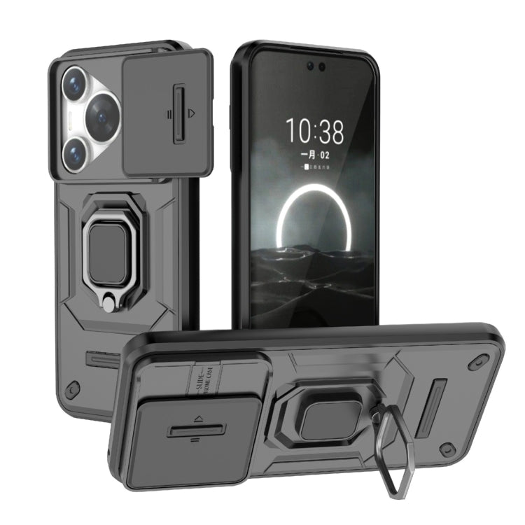 For Huawei Pura 70 Sliding Camshield TPU + PC Shockproof Phone Case with Holder(Black)