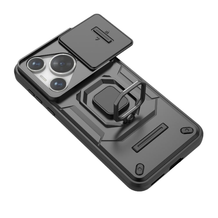 For Huawei Pura 70 Sliding Camshield TPU + PC Shockproof Phone Case with Holder(Black)